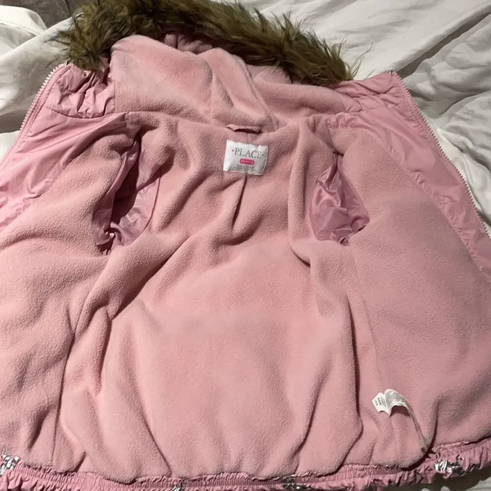 Children place L pink silver unicorn warm puffer coat hood faux fur trim NWT